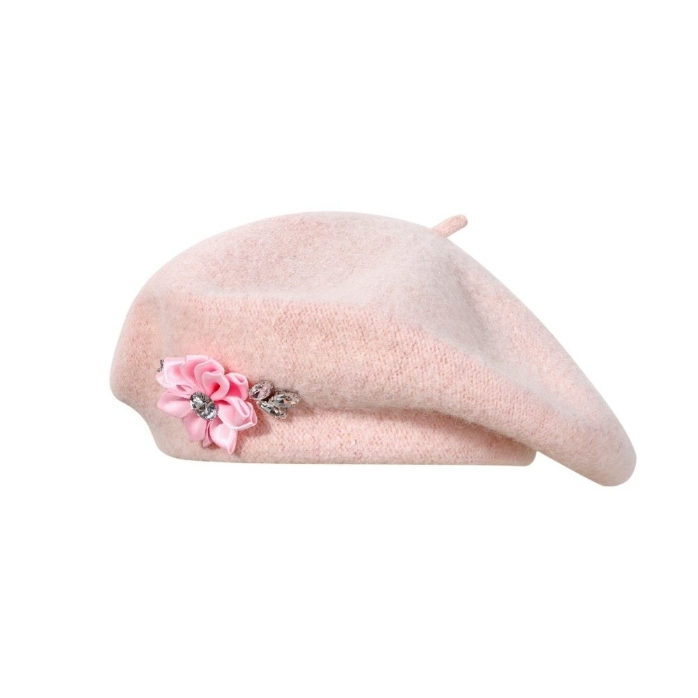 Beret French Wool - Elegancki, jednolity wełniany beret z kwiatowymi
